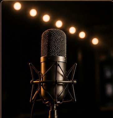 Professional studio microphone under warm lights